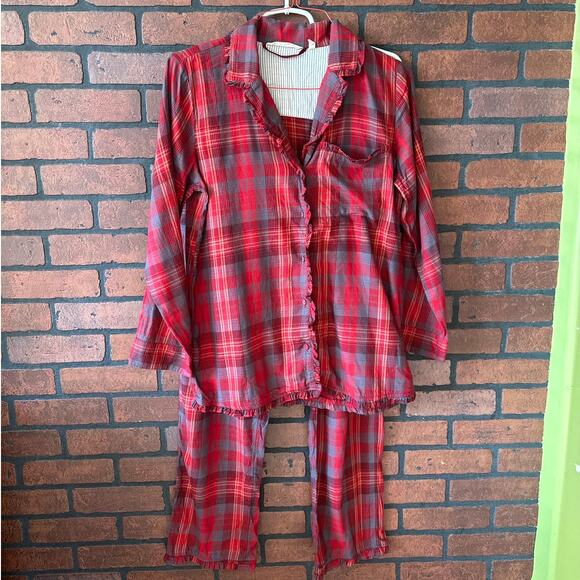 Soft Surroundings Pajama Set Red Gray Plaid - Small Night Divine Ruffle Comfy - Picture 2 of 16